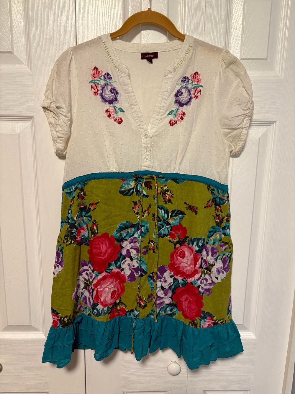 White & Olive Floral Embroidered Dress with Pockets and Cotton Lining